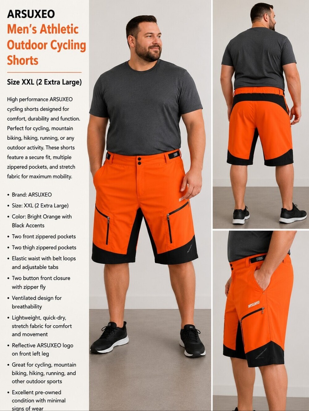 ARSUXEO Men’s XXL Orange Black Cycling Shorts NWT MTB Bike Outdoor Shorts